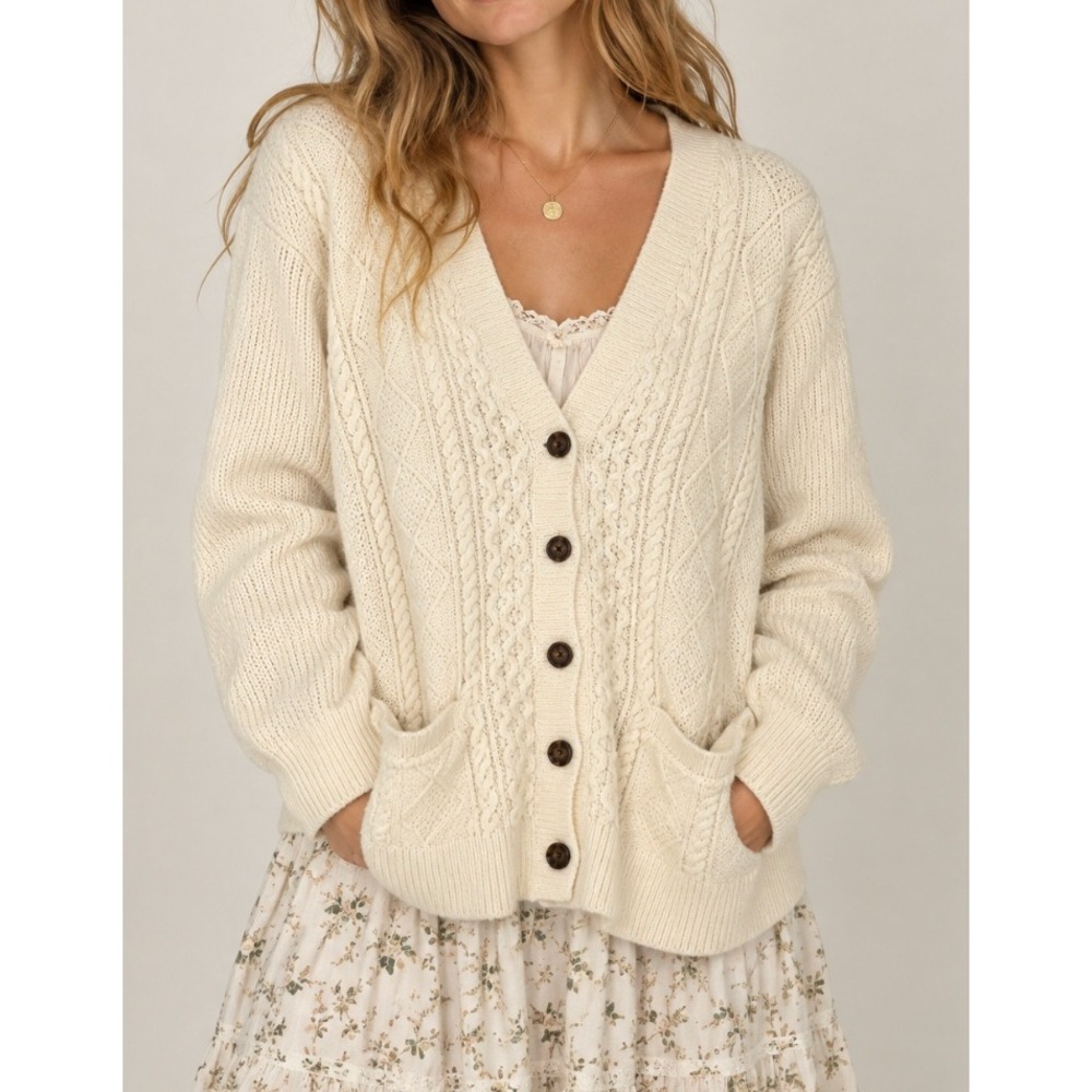NEW GAP Women Cream Cable Knit Cardigan Sweater Fisherman Knit Chunky Large